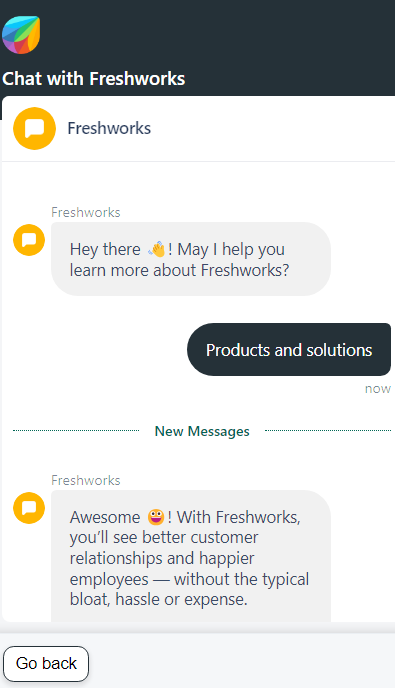 Bilde som viser en samtale mellom en kunde og chatbot i Freshdesk