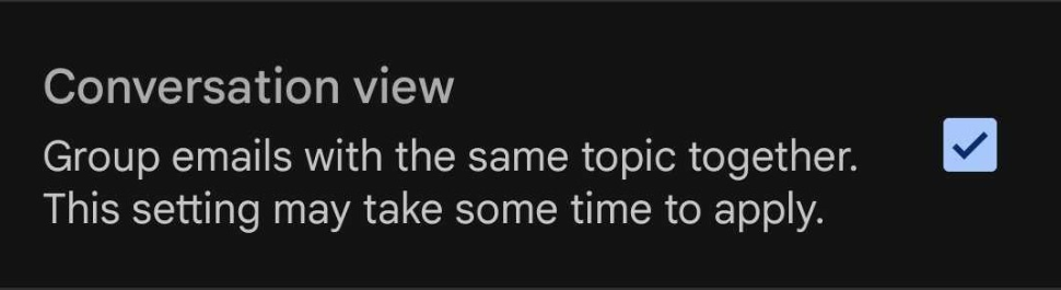 Avkrysningsboks for å aktivere/deaktivere samtalevisning i Gmail-appen