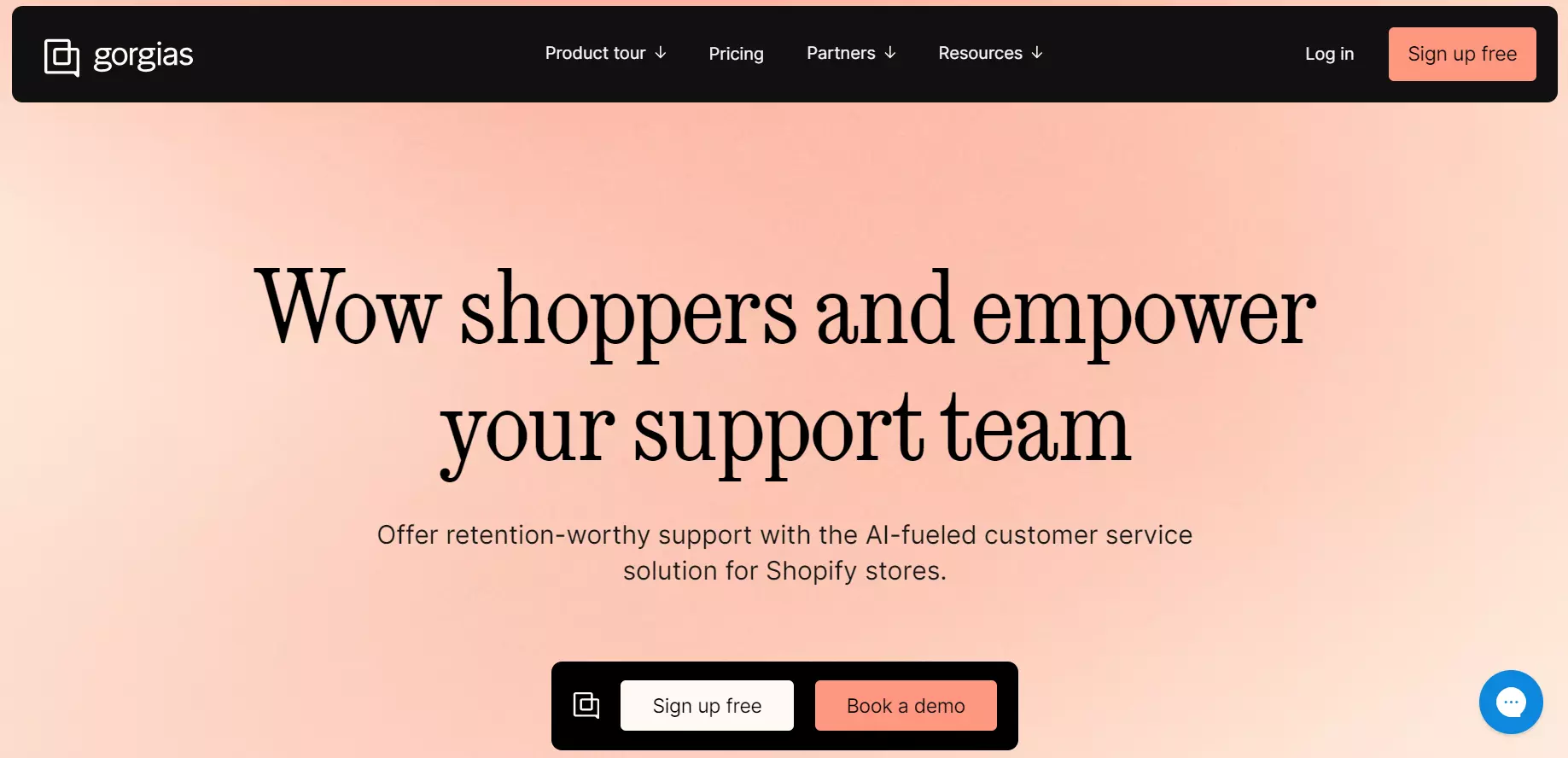 Skjermbilde av Gorgias hjemmeside - kundeserviceløsning drevet av AI.