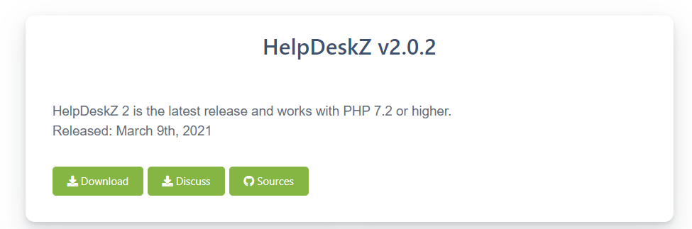 Et eksempel på nedlastingssiden til et open source ticketing-system med nedlastingsknappen, diskusjon og kilder