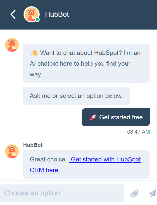 Bilde viser hvordan en live chat-samtale gjennom HubSpot ser ut