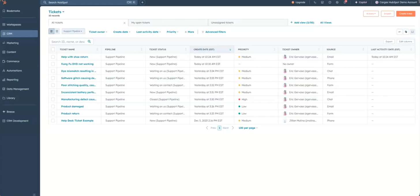 HubSpot Service Hub gratisplan – delt innboks med kundebilletter