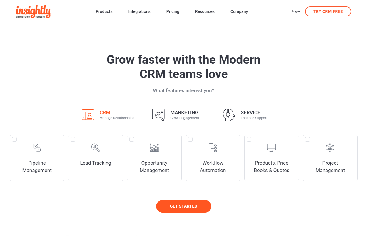 Insightly CRM-hjemmeside-skjermbilde