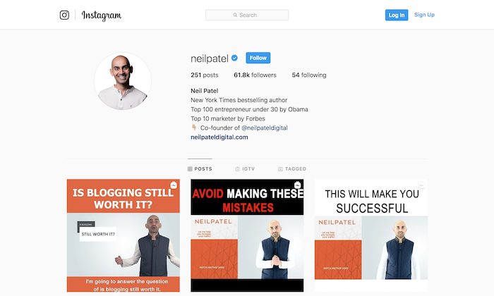 Neil Patel deler digital markedsføringskompetanse på Instagram