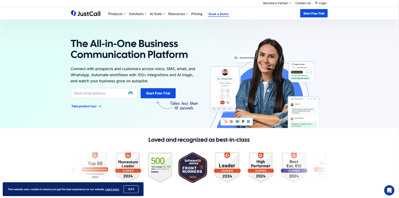 JustCall call center-programvare hjemmeside