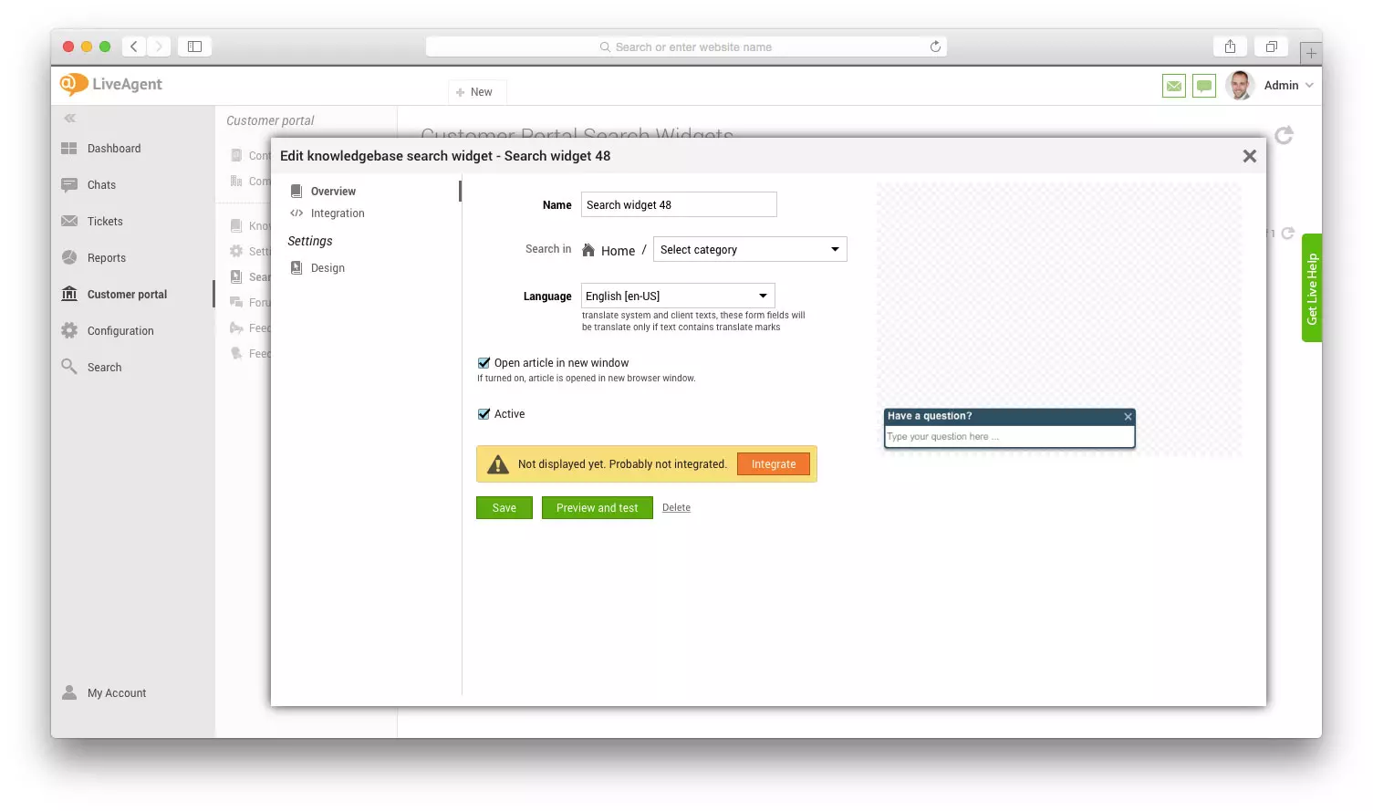 Rediger kunnskapsbasesøkewidget i LiveAgent
