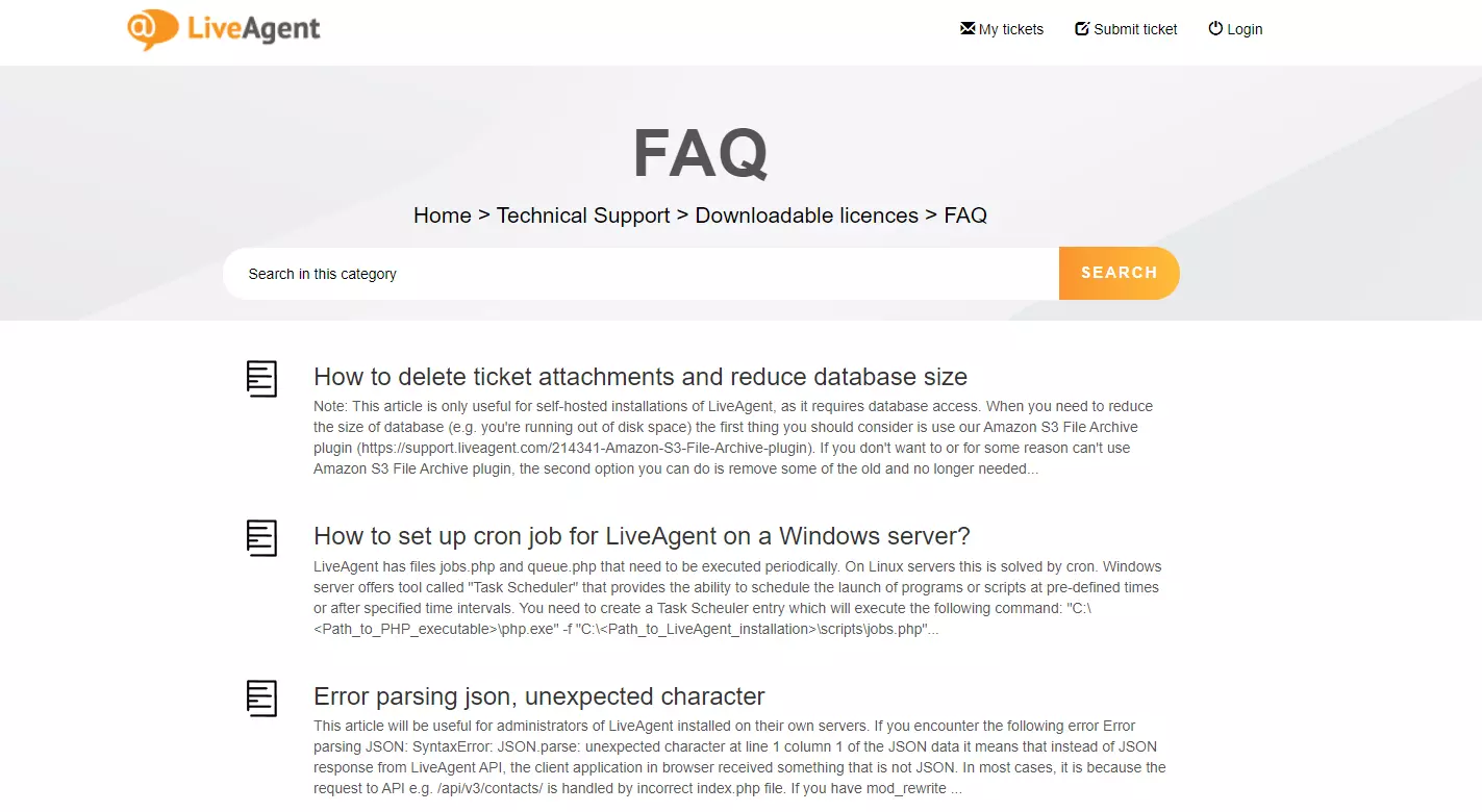 LiveAgent kunnskapsbase FAQ-side