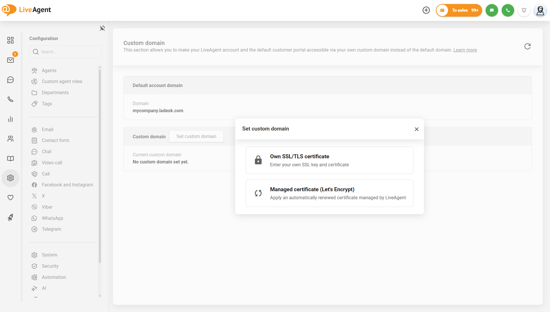 LiveAgent innstillinger for egendefinert domene med alternativ for administrert Let's Encrypt-sertifikat