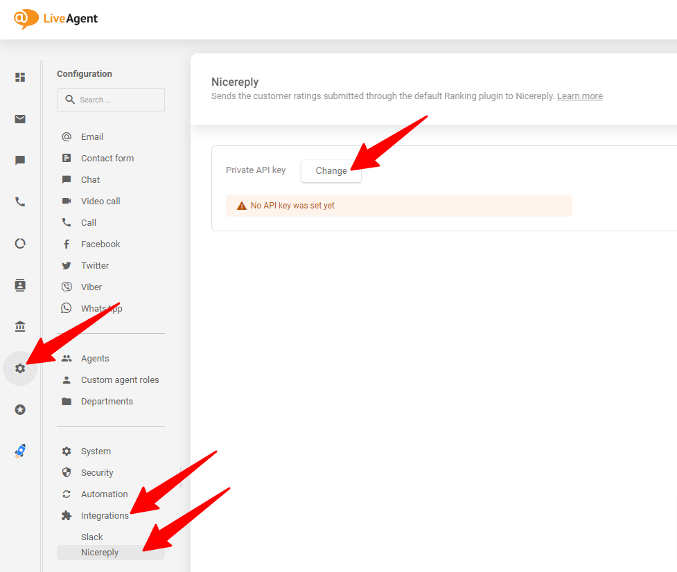 Bildet viser hvor du skal plassere den genererte API-nøkkelen i LiveAgent-kontoen din