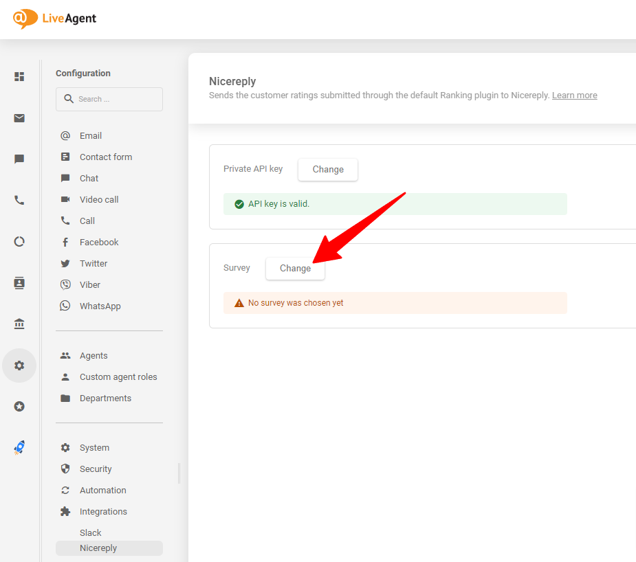 Velg Nicereply-undersøkelsen du vil bruke etter å ha limt inn API-nøkkelen i LiveAgent