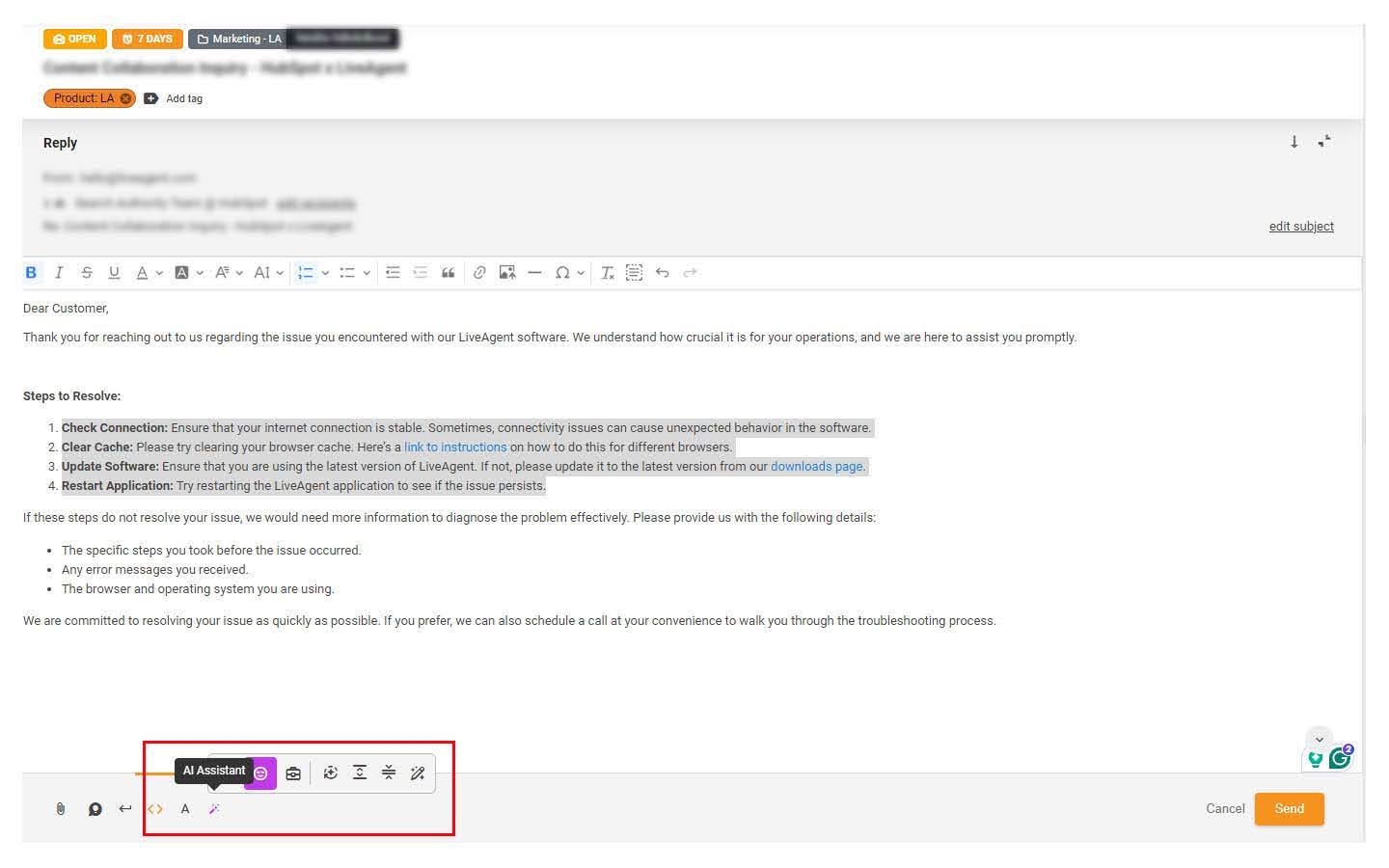 LiveAgent's KI-Antwort-Assistent-Schnittstelle