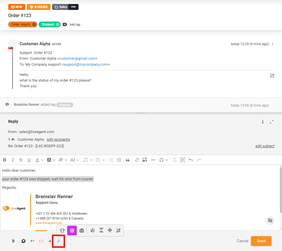 Skjermbilde av AI Answer Assistant-knappen i chatvisningen