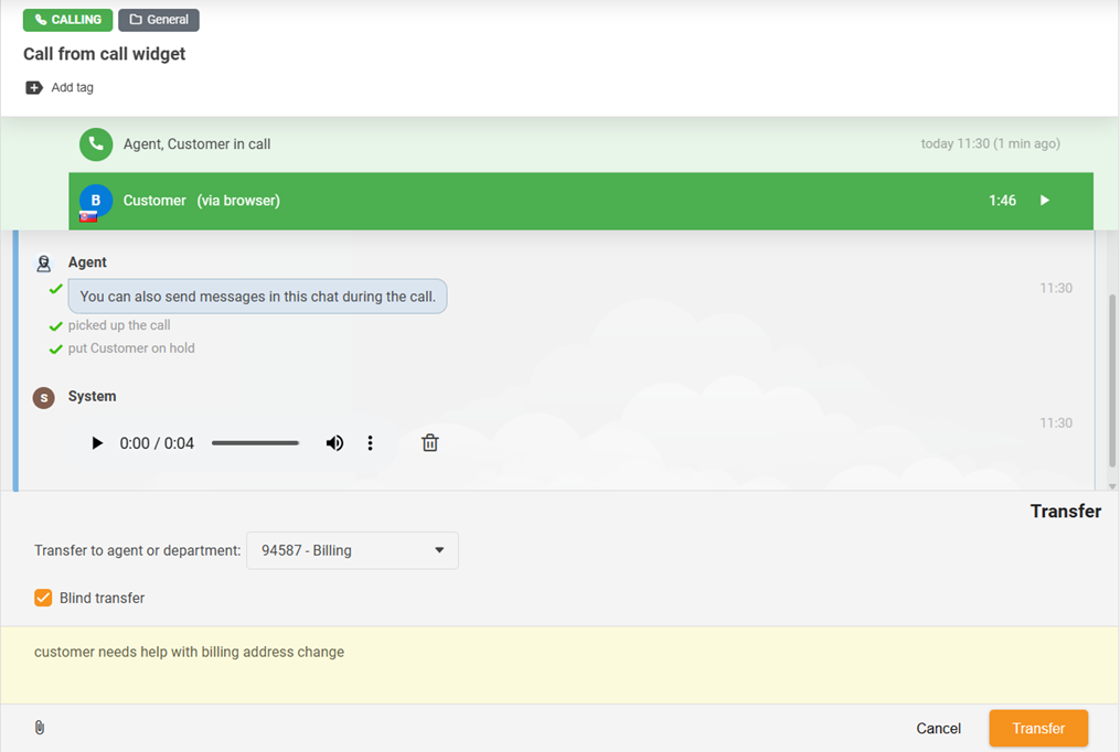 Samtaleoverføringsfunksjon med tillegg av en Blind overføring-funksjon