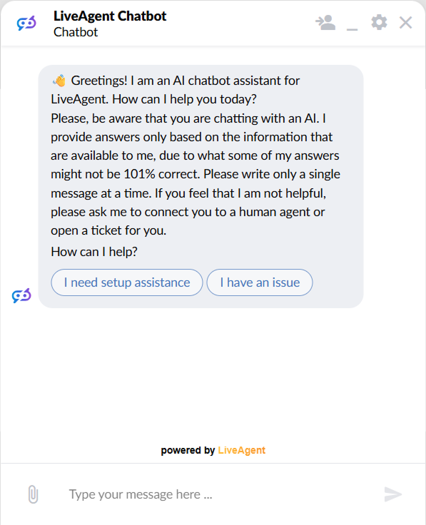 LiveAgent chattevindu som viser en AI-chatbot-hilsen med to trykkbare svarknapper for oppsetthjelp og rapportering av et problem
