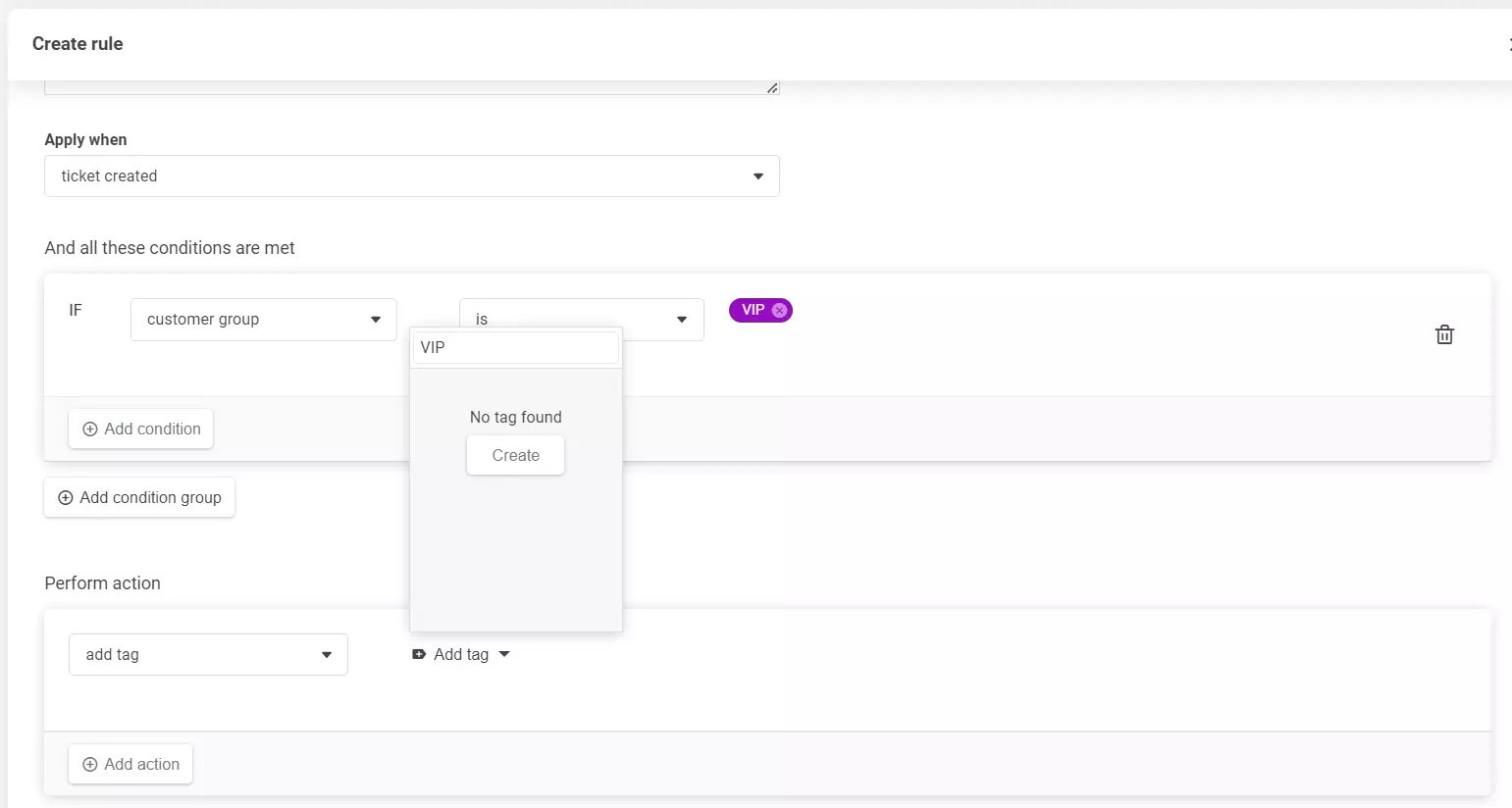 Et skjermbilde av opprettelsesregelseksjonen, som viser hvordan du legger til et nytt merke.