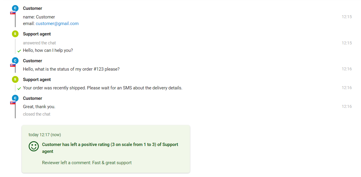 Bildet viser interaksjonen mellom en kunde og en supportagent, der agenten kan se vurderingen på slutten av meldingen