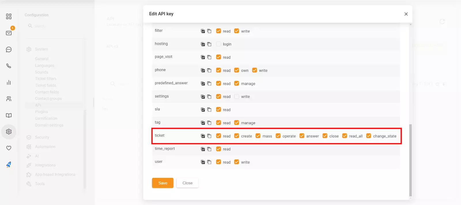 Delen Rediger API-nøkkel i LiveAgent som viser de nye tillatelsene 'close' og 'change_state
