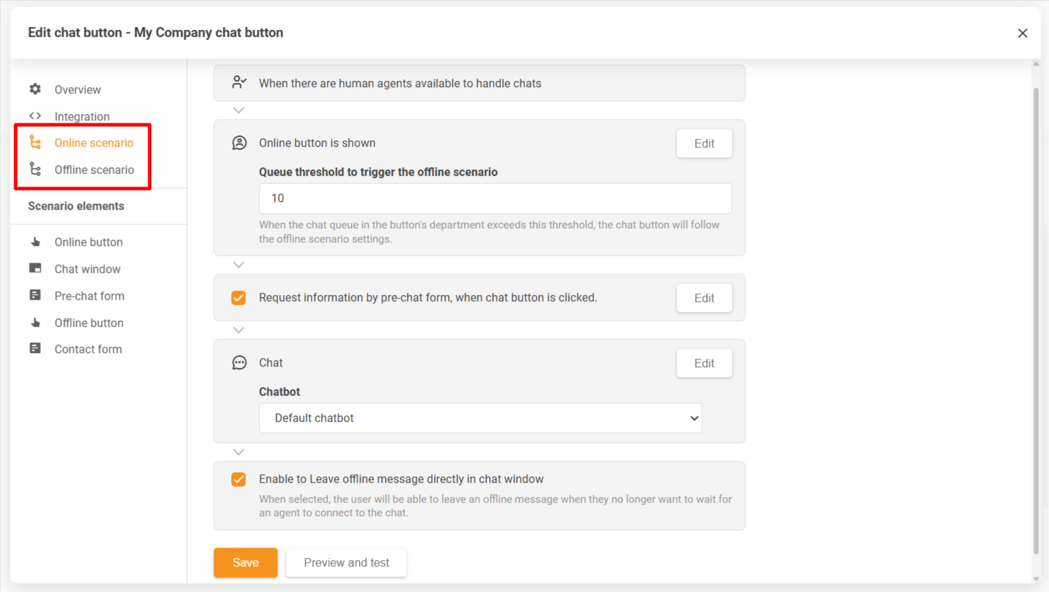 LiveAgent chat-knappkonfigurasjonsvindu som viser online- og offline-scenarier