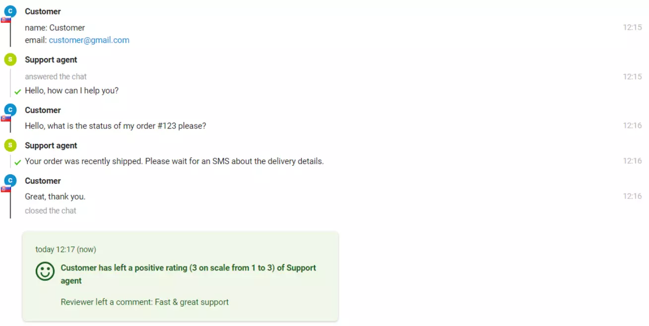 Et bilde av en chat med en kunde som etterlot en positiv vurdering.