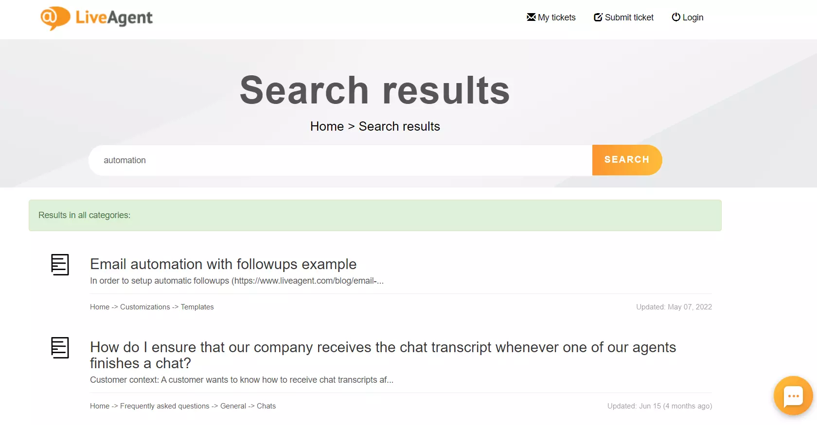 LiveAgent kunnskapsbase søkefunksjon
