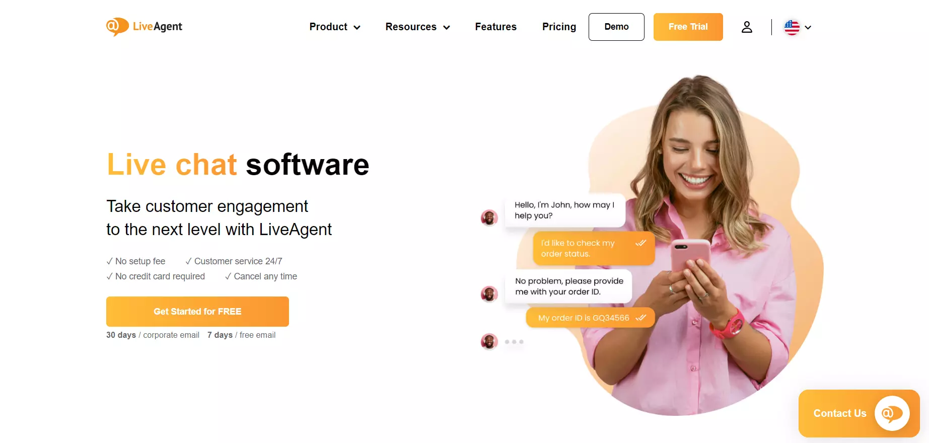 Skjermbilde av LiveAgent-hjemmeside, live chat-programvare for virkelige forbindelser