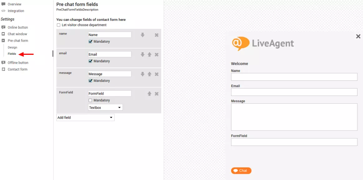 Bilde som viser feltinnstillingene for pre-chat i LiveAgent live chat-programvare.