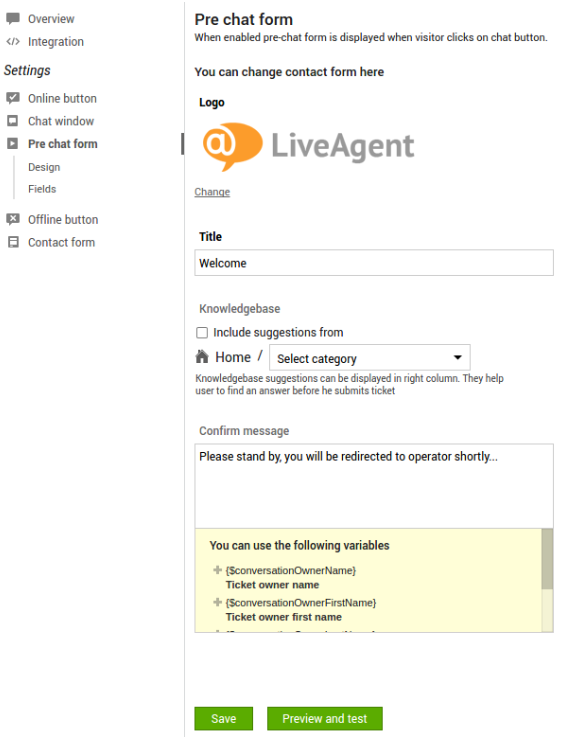 Bilde som viser oversikten over pre-chat i LiveAgent live chat-programvare.