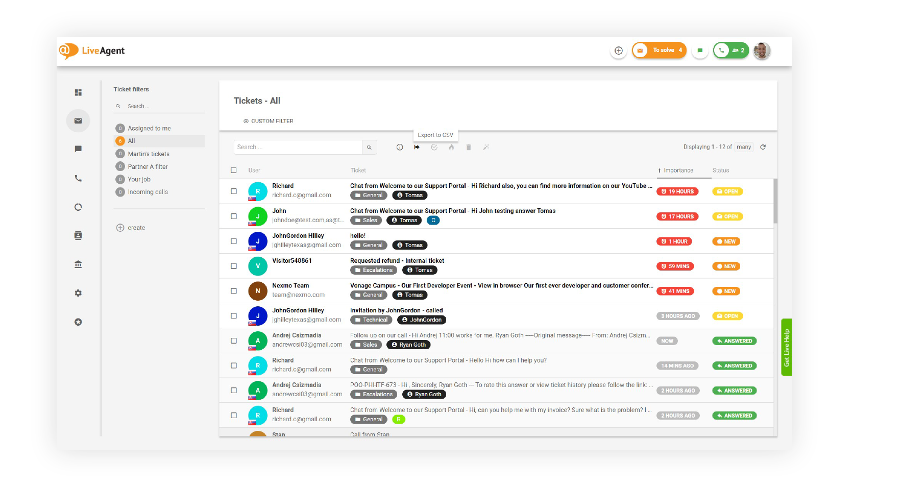 LiveAgent universell innboks – agentvisning av innkommende billetter fra e-post og direktesamtale