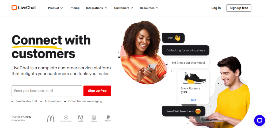 Skjermbilde av LiveChat-hjemmeside, kundeserviceplattformen for administrasjon av kundeinteraksjoner
