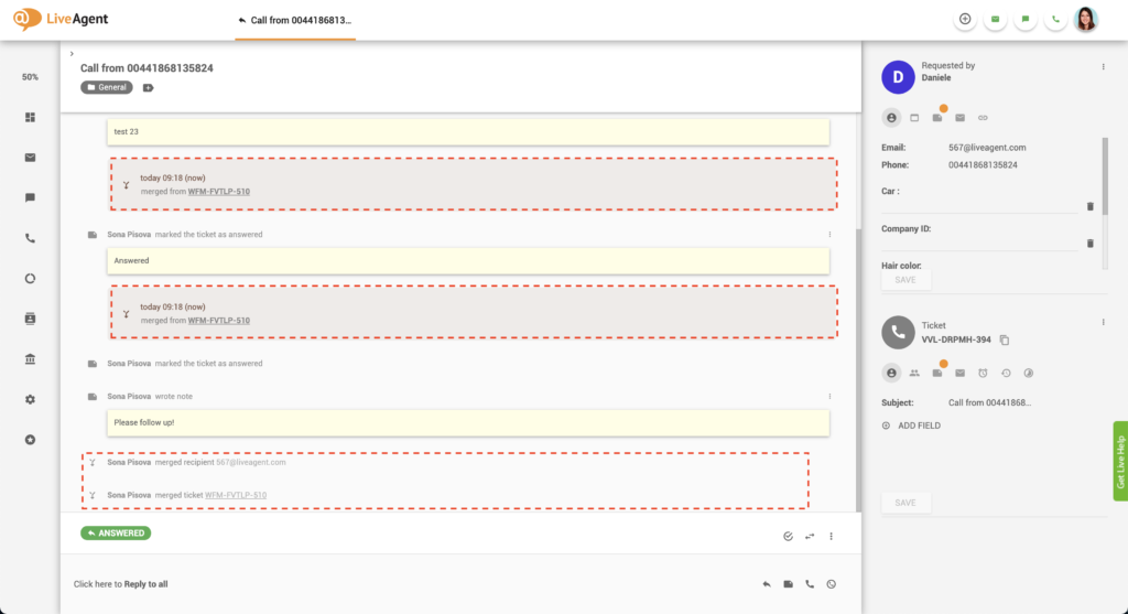 Sammenslått billettråd i LiveAgent