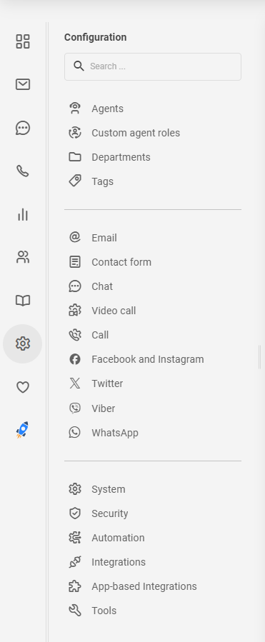 Liste over ikoner i LiveAgent-menyen
