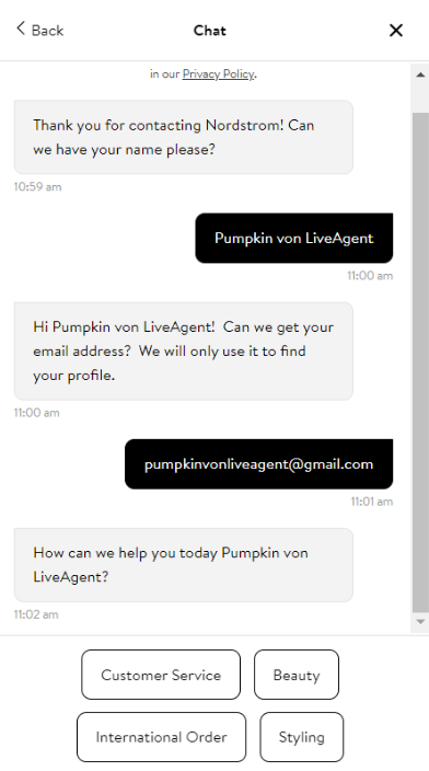 Nordstrom chatbot-funksjon