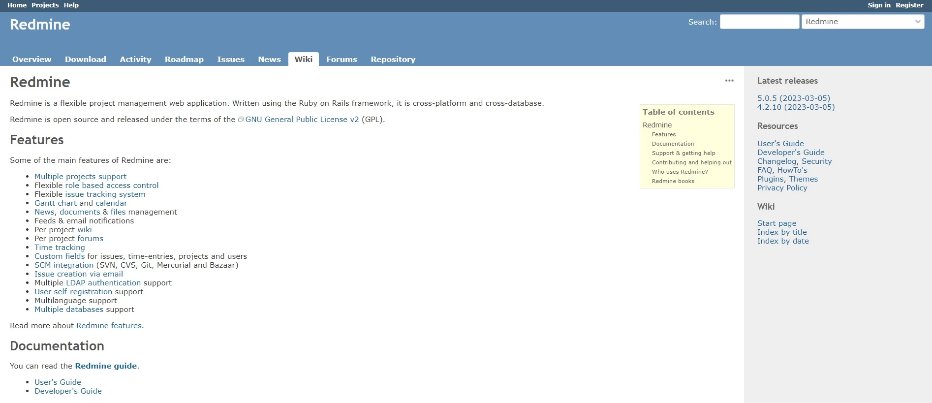 Redmines hjemmeside - en åpen kildekode-plattform som kan hjelpe deg med å automatisere prosesser og assistere med oppgaveplanning for å forbedre effektiviteten i bedriften din.