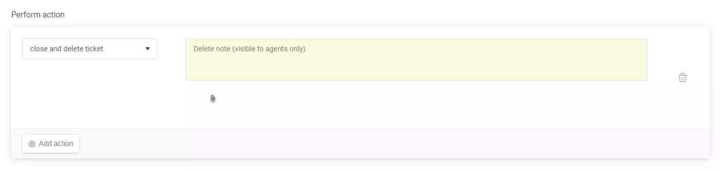 Automatisk regeloppsett som viser handlingen 'lukk og slett billett' i LiveAgent