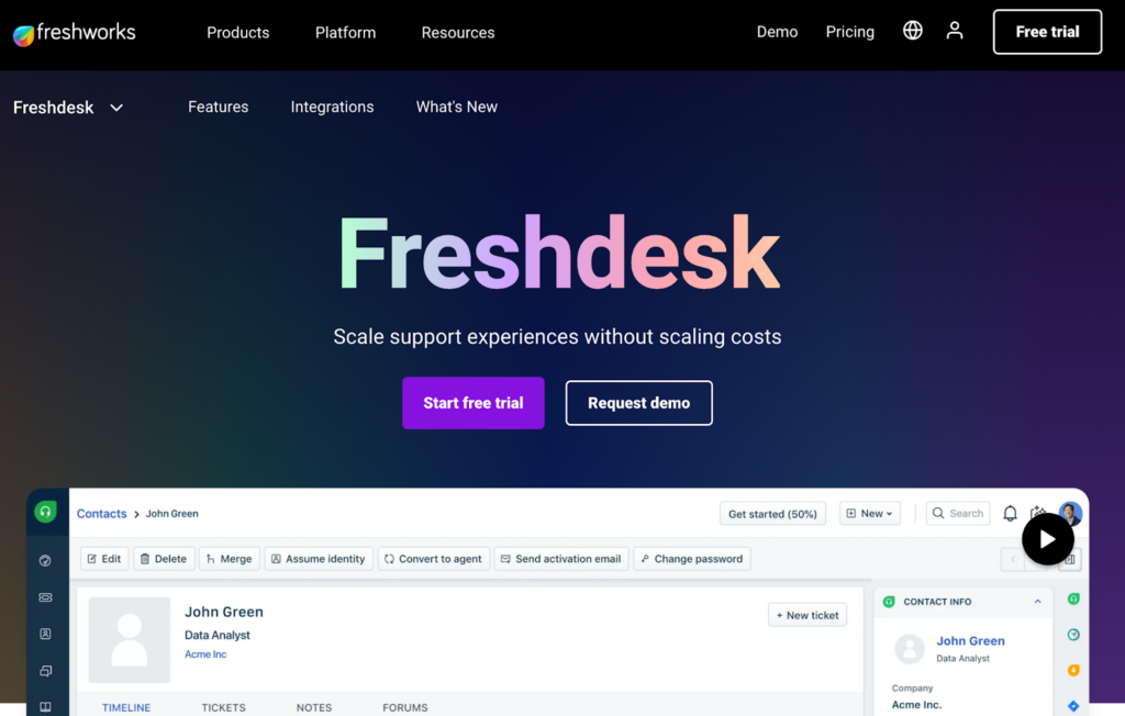 Freshdesk support billettbehandlingssystem hjemmeside