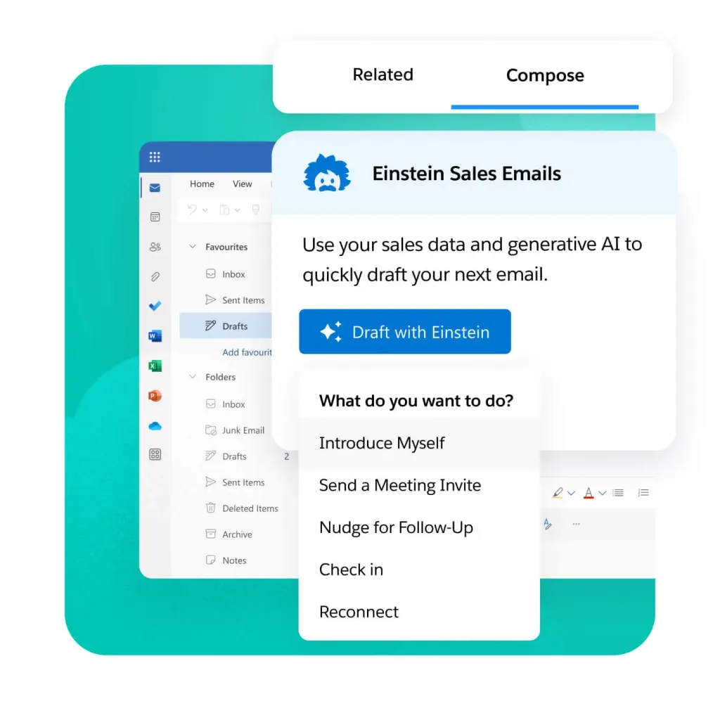 Salesforce Einstein Sales Emails-grensesnitt som viser AI-drevne e-postutklingsalternativer.
