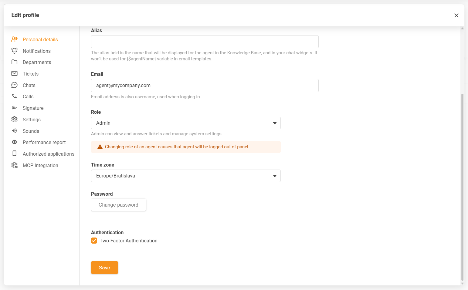 LiveAgent-agentprofilinnstillinger for tidssone