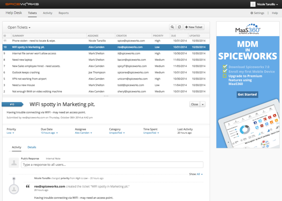 Spiceworks Cloud Help Desk gratisplan – billettkø med status og ansvarlig kolonner