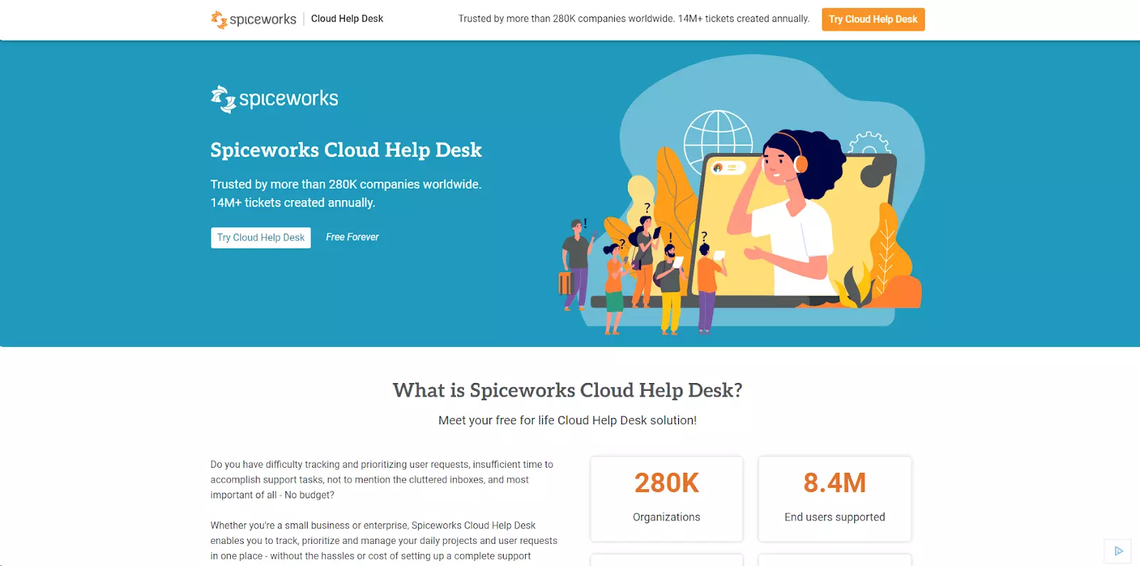 Spiceworks hjemmeside - gratis help desk- og billettbehandlingsprogramvare