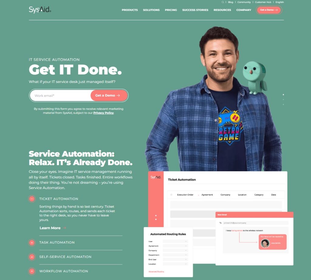 Bilde av SysAids hjemmeside - all-in-one servicestyringspprogramvare for IT-fagfolk