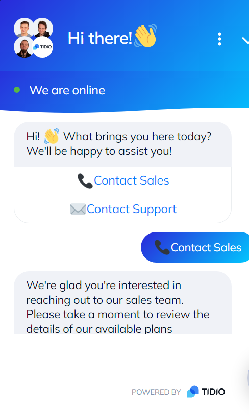 Bilde av live chat-samtale mellom Tidios chatbot og en kunde