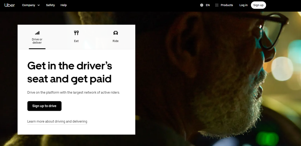 Uber homepage