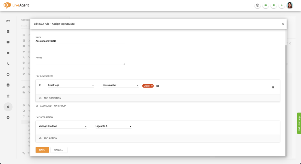 Opprett urgent SLA-regel i LiveAgent
