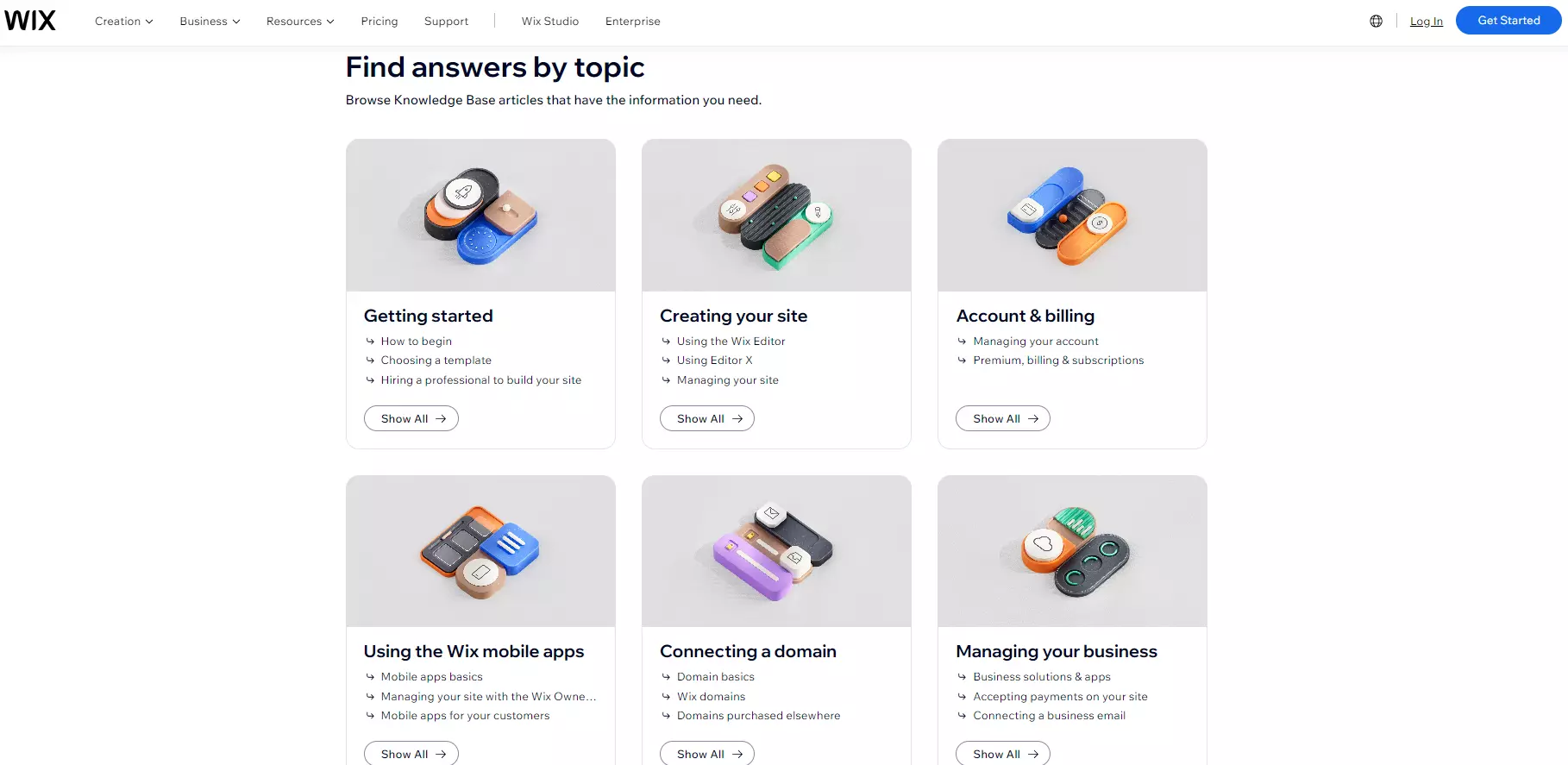 Wix kunnskapsbase-kategorisering