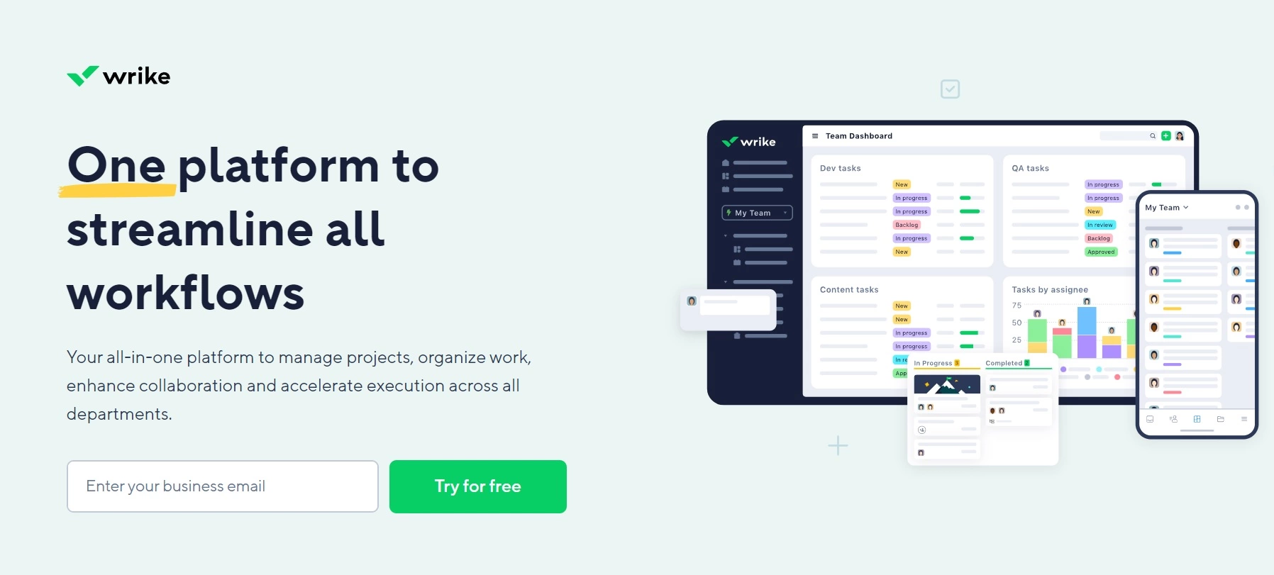 Wrikes hjemmeside - en alt-i-ett-plattform for å administrere prosjekter, organisere arbeid og forbedre samarbeidet på tvers av avdelinger.