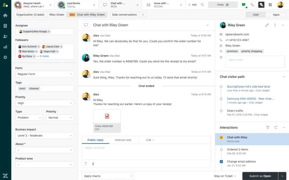 Zendesk agentarbeidsområde som viser en enhetlig chat-samtale med kundeprofil og interaksjonshistorikk i 2026