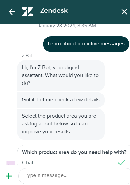 Bilde viser hvordan Zendeks live chat-samtale ser ut