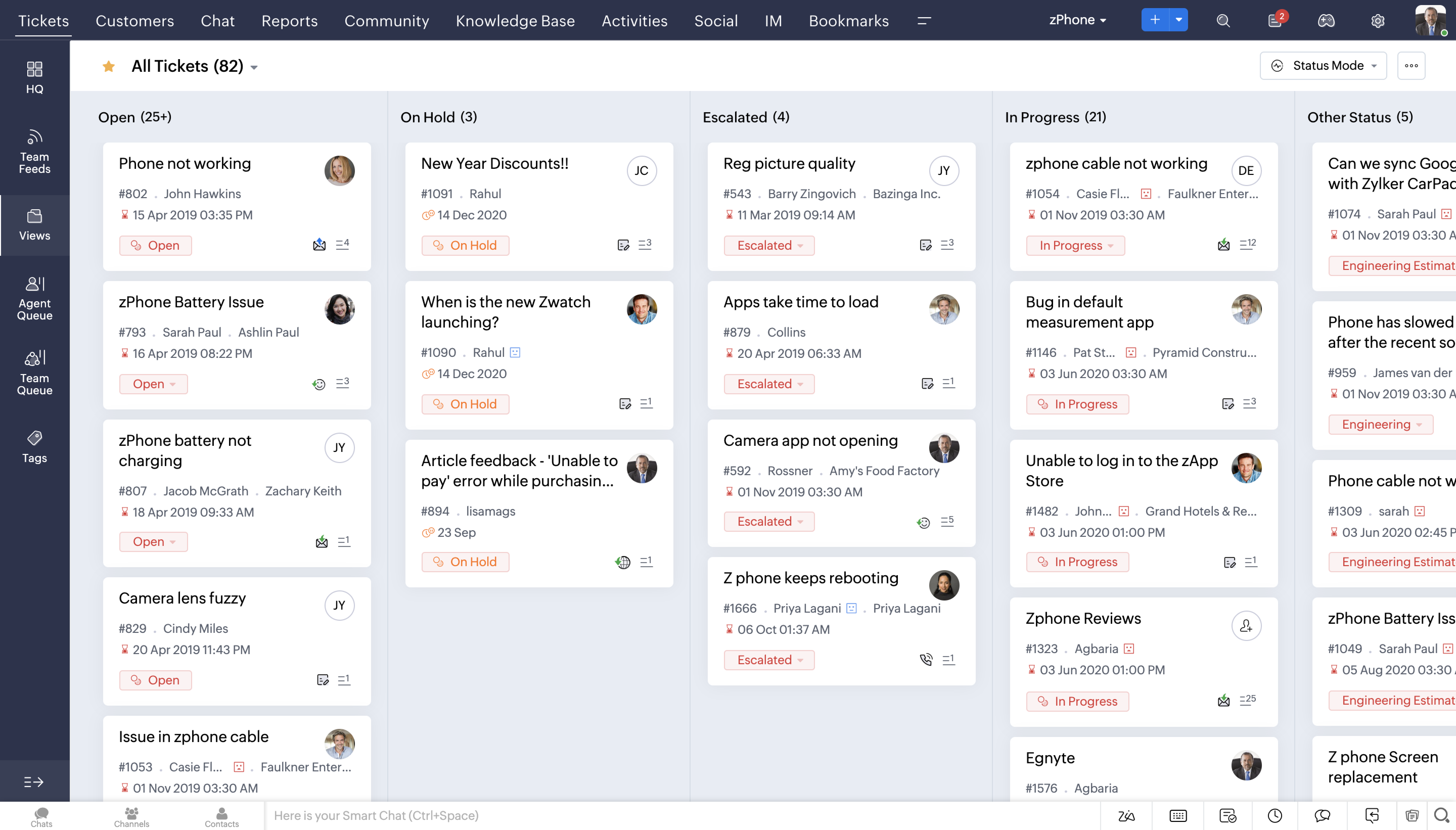 Zoho Desk gratis hjelpdesk-plan som viser billettvisningen