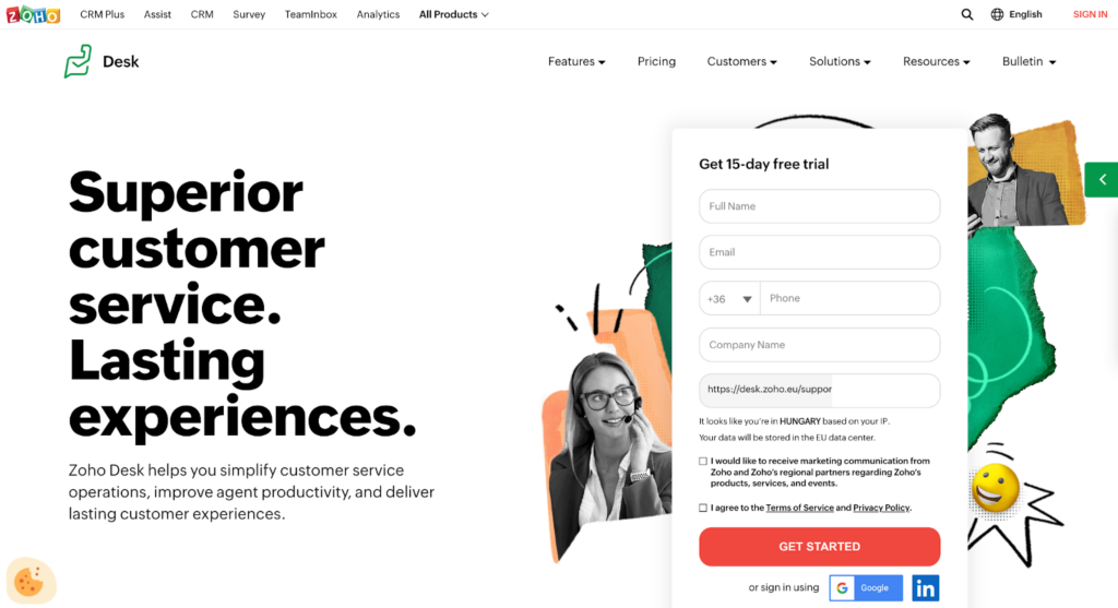 Zoho Desk billettbehandlingssystem hjemmeside