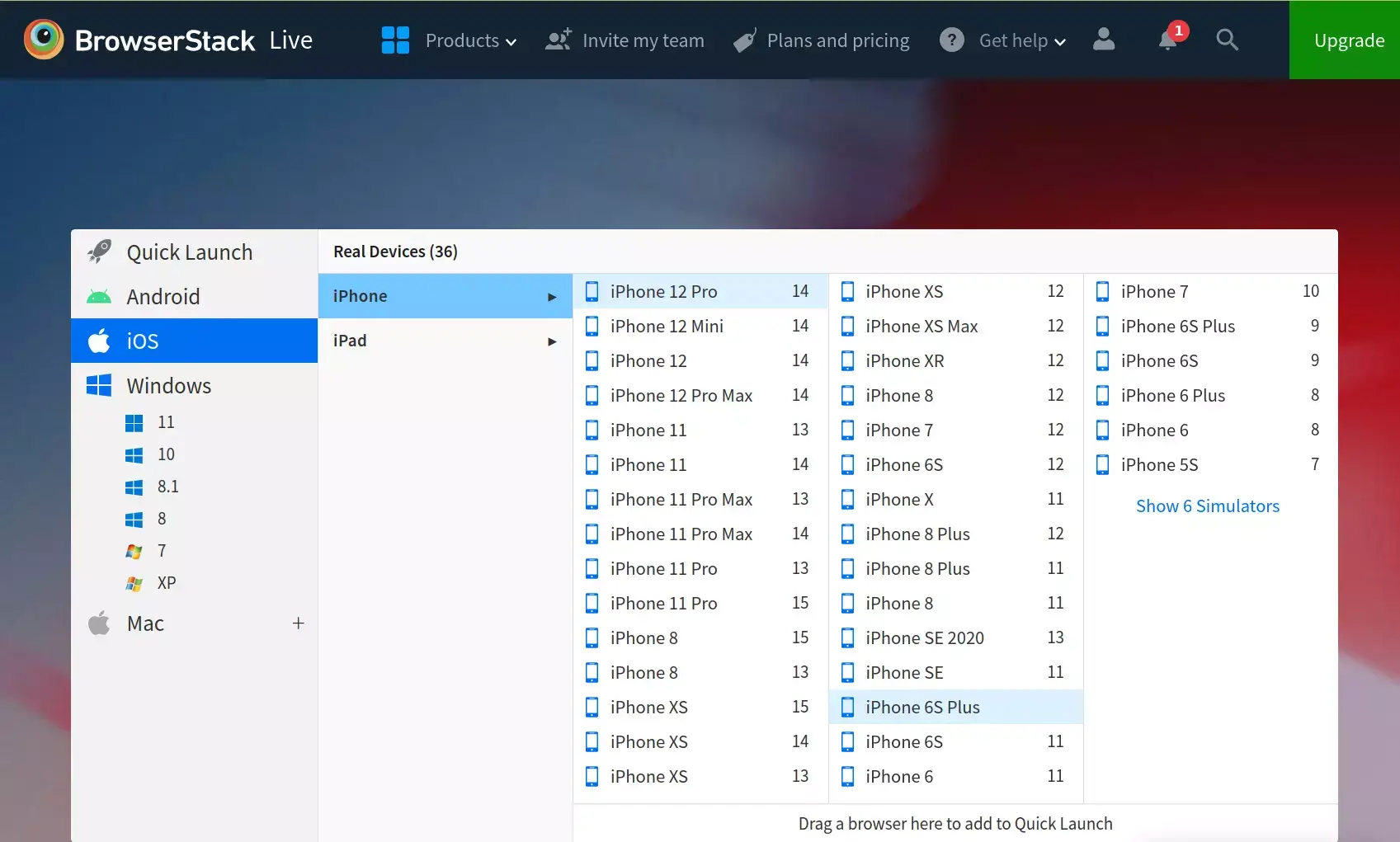 BrowserStack simulerer mange mobile plattformer og operativsystemversjoner